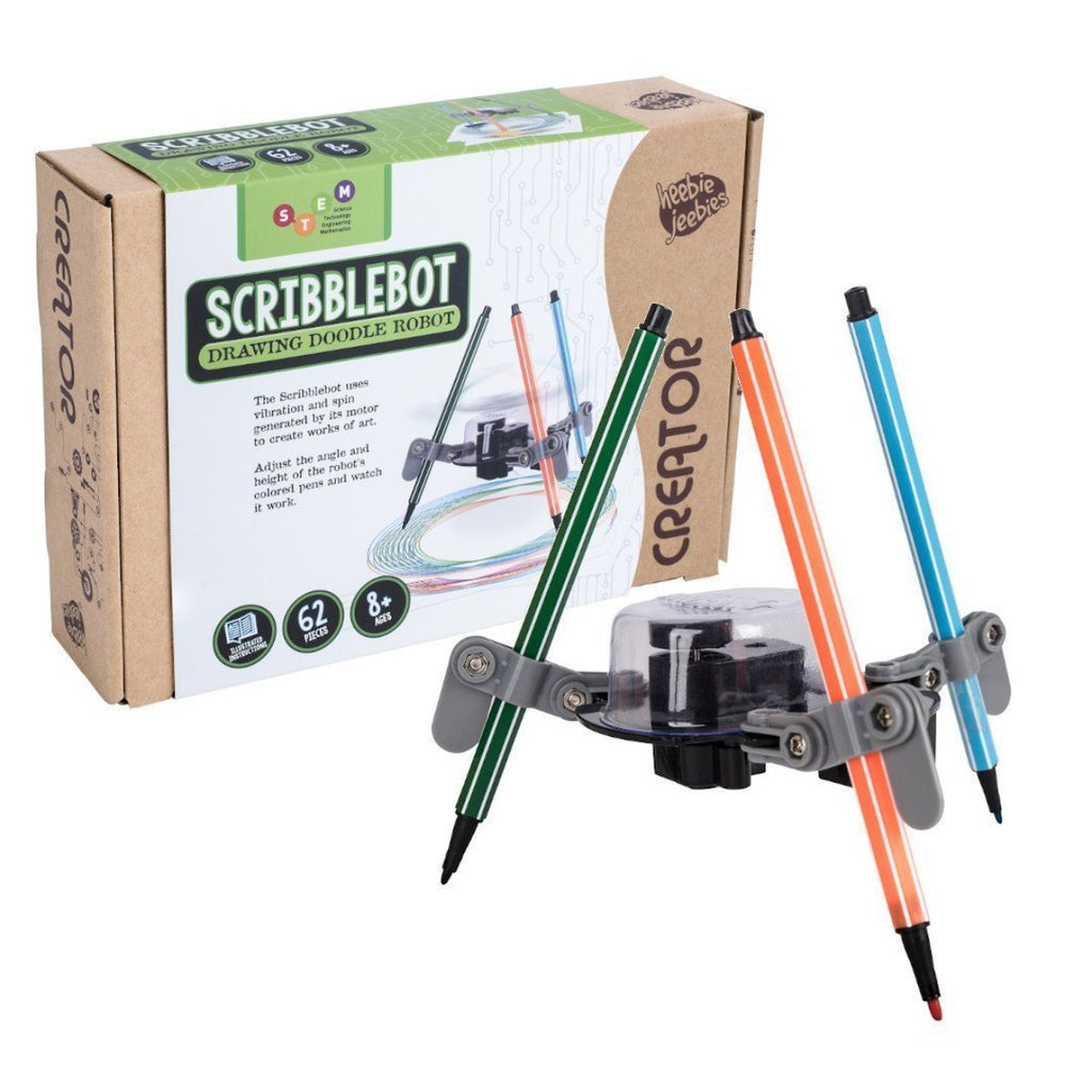 Image featuring the packaging of the Scribblebot which includes a photograph of the item and in the front features a product shot of the scribblebot which holds the motor and three pens in various colours