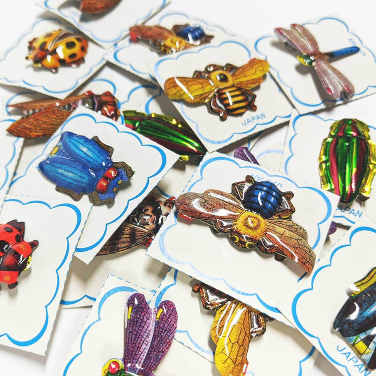 A range of brightly coloured, highly detailed Insect brooches - including a ladybug, cicada and a beetle-shown on cardboard backing.