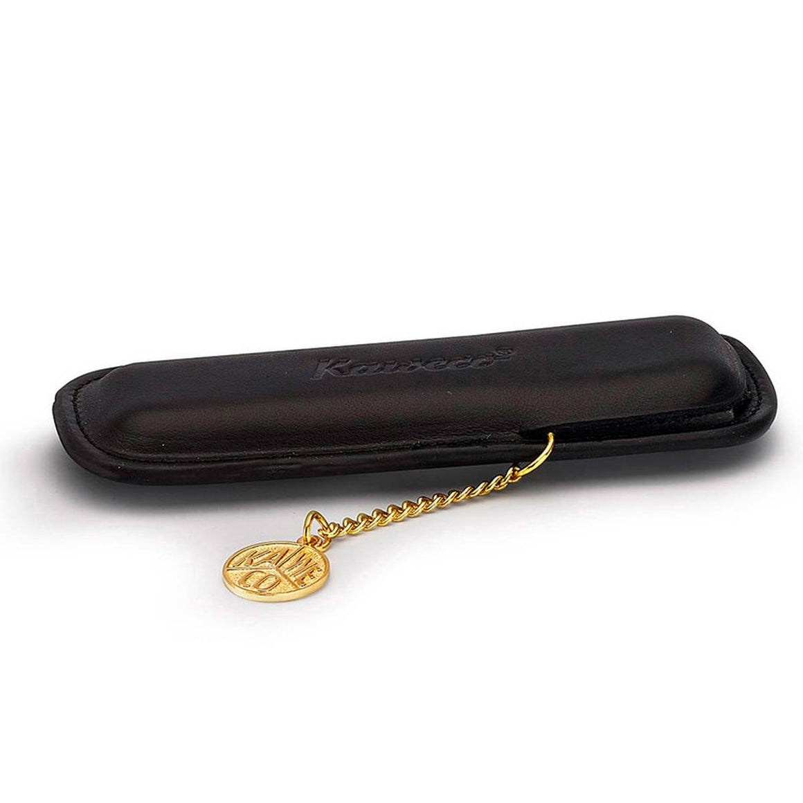 A gold chain with a round 'Kaweco' logo pendant is attached from the slit of the leather black narrow pouch.