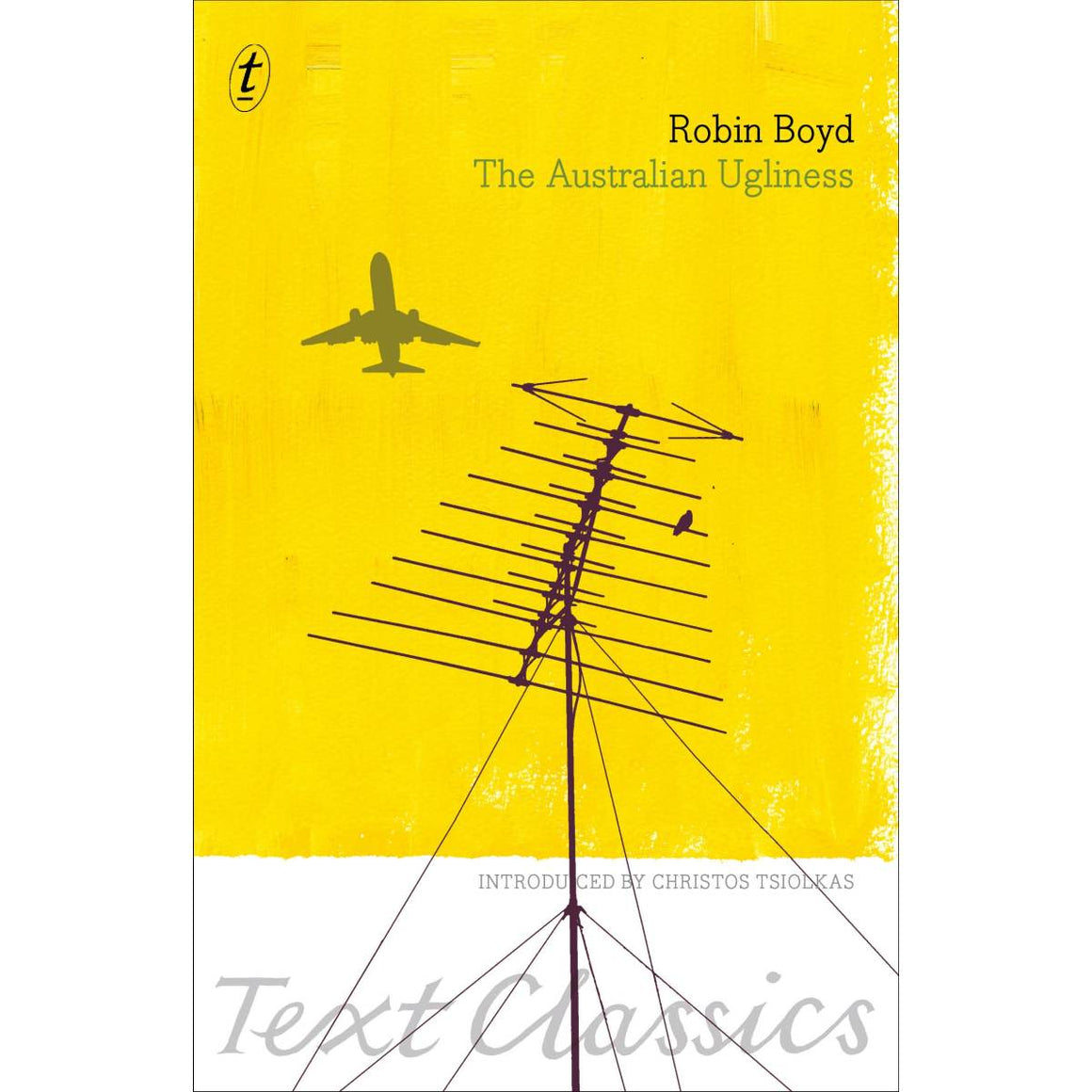 A yellow and white book cover with the image of an old style TV aerial and the silhouette of a plane taking off.