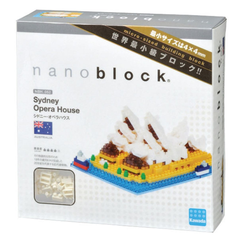 Micro-sized building blocks featuring an image of the completed nanoblock Sydney Opera House in a box