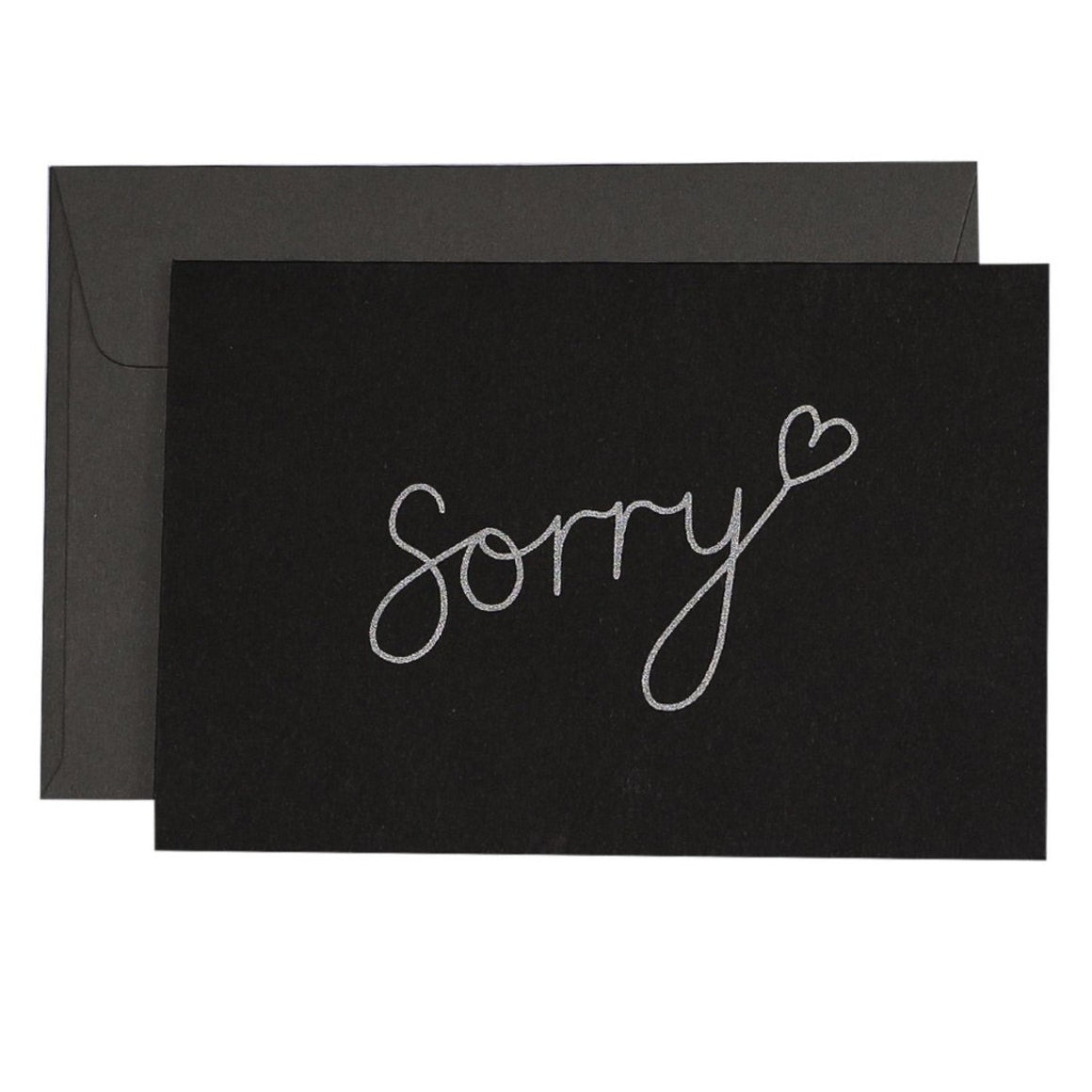 Black Greeting Card with silver text saying sorry in a cursive font, finished with a love heart.
