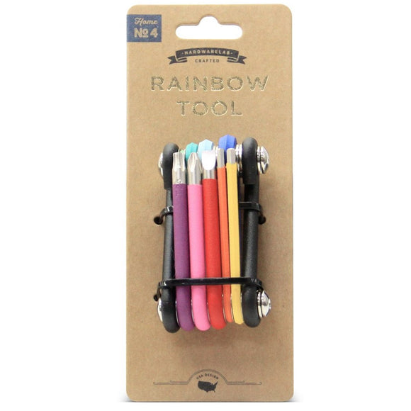 A black matte bar contains two bolts on both sides with different screwdrivers and alan keys attached to it. The left has five different screwdrivers and alan keys, while the right contains four arranged in a rainbow colour order. 