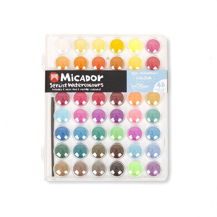 A tray of 48 rich and transparent watercolour paint discs contained in a rectangular pallette. Among the colour ranges are bright, neon and metallic paints. A Brush is included in the set.